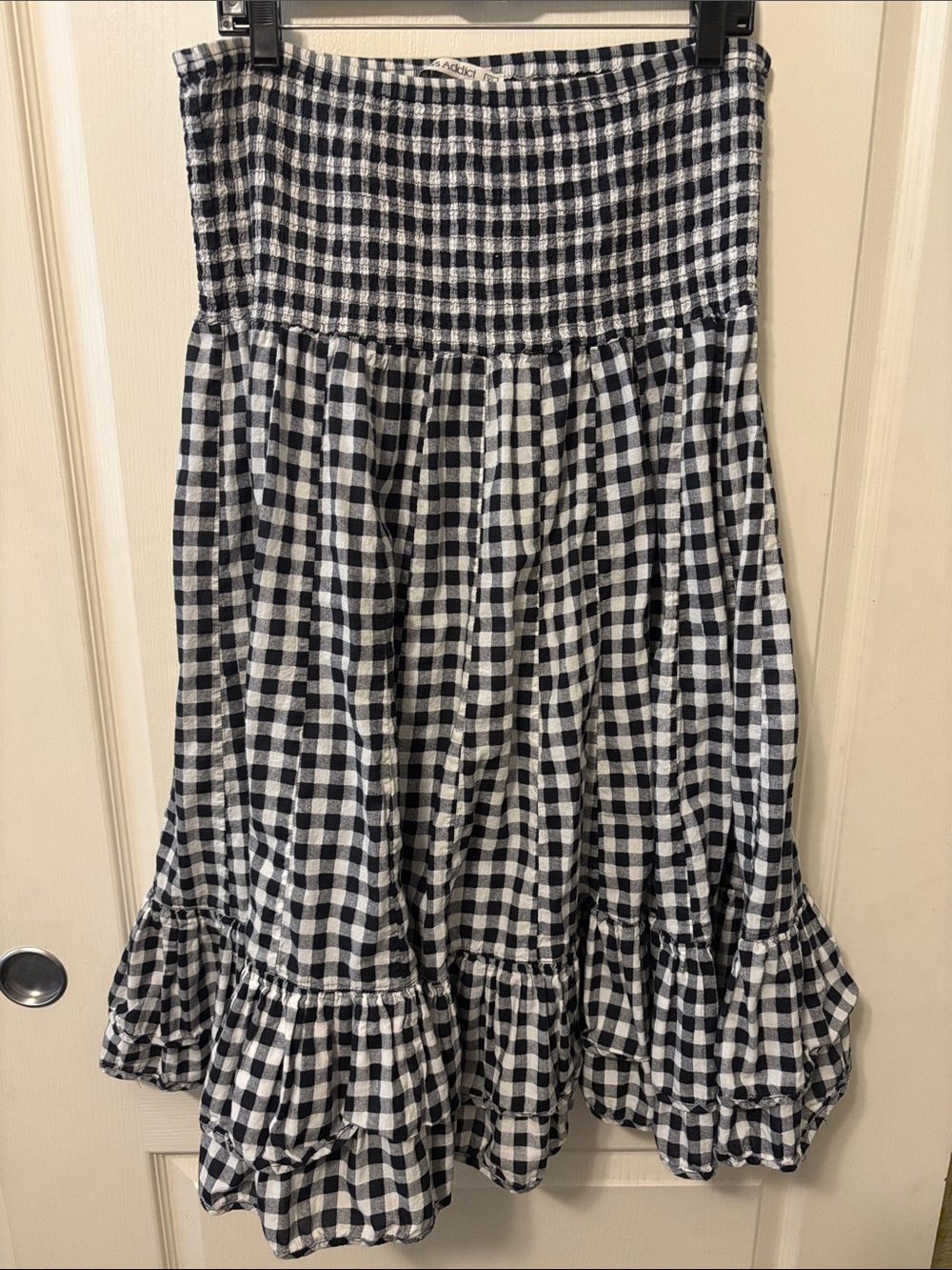 Smocked Waist Black & White Gingham Sleeveless Midi Dress with Ruffle Hem